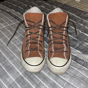 Brown Size 7 suede and Sherpa Chuck Taylors(converse)
